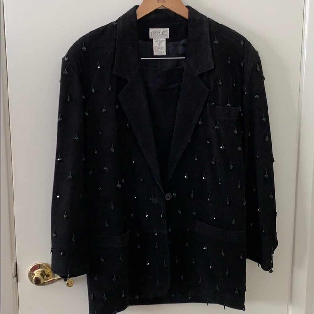 Vintage black suede w beads. Jacket/skirt.